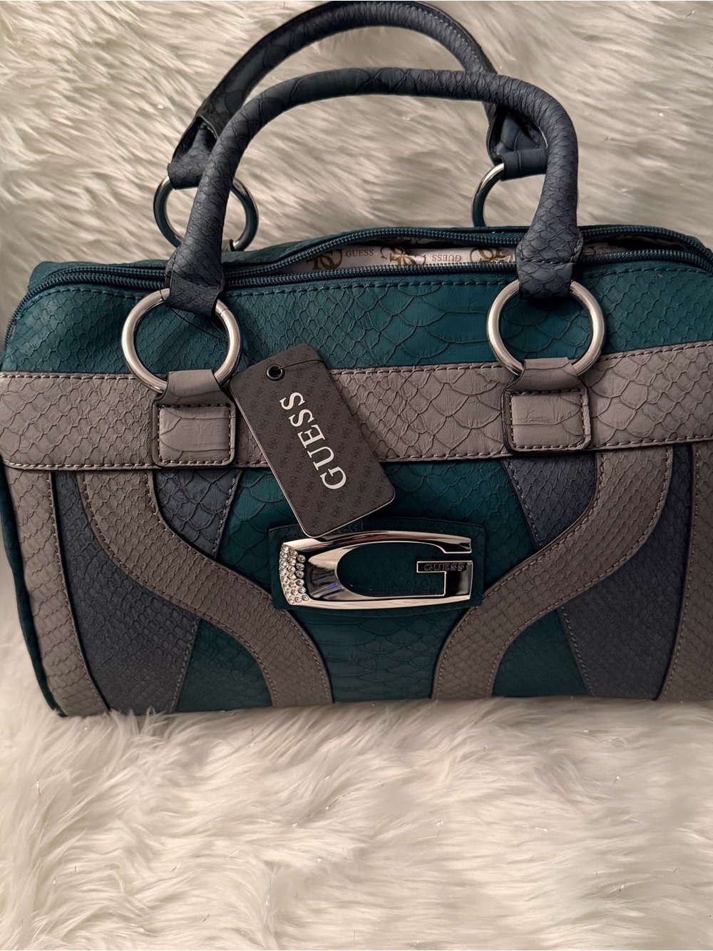 GUESS Teal, Gray and Black Textured Satchel